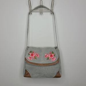 Mona B Bag Crossbody Gray Canvas Floral Pink Embroidery Large